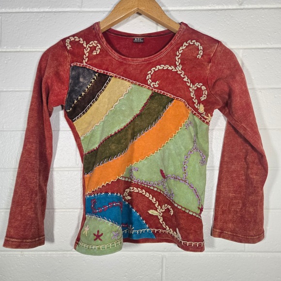 Vintage Tops - Vtg Cotton Oversized Embroidered Top Nepal Colorful Handmade Patchwork Small